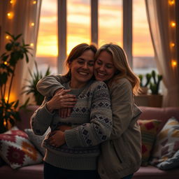 A heartwarming scene of two friends embracing each other in a cozy living room