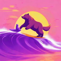 This digital art captures a bear and a fox surfing during a breathtaking sunset