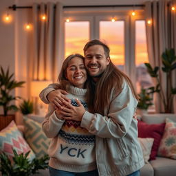 A heartwarming scene of two friends embracing each other in a cozy living room