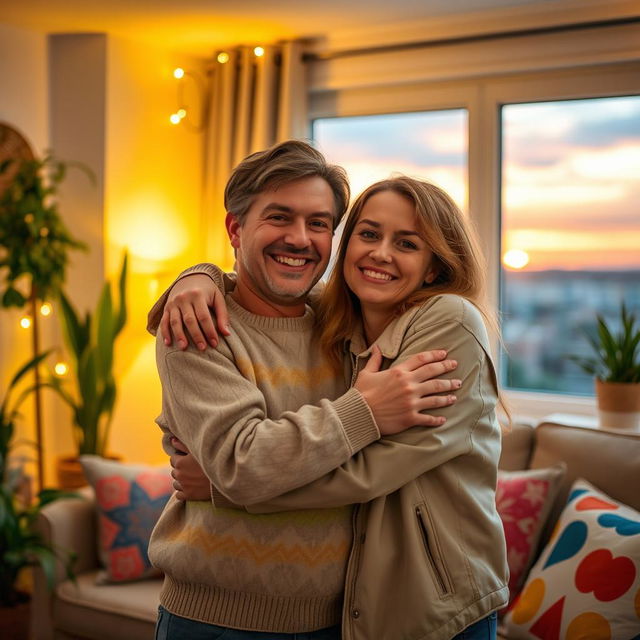 A heartwarming scene of two friends embracing each other in a cozy living room