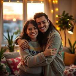 A heartwarming scene of two friends embracing each other in a cozy living room