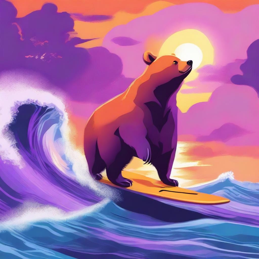 This digital art captures a bear and a fox surfing during a breathtaking sunset