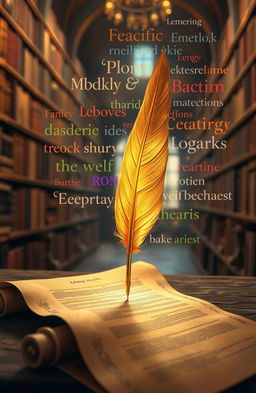 A spectacular scene of a golden quill pen elegantly writing on an ancient parchment scroll, surrounded by a shimmering aura of colorful words and phrases in various fonts and styles, symbolizing creativity and inspiration
