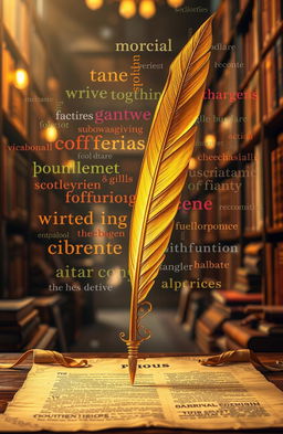 A spectacular scene of a golden quill pen elegantly writing on an ancient parchment scroll, surrounded by a shimmering aura of colorful words and phrases in various fonts and styles, symbolizing creativity and inspiration