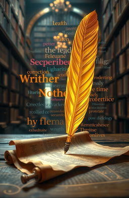 A spectacular scene of a golden quill pen elegantly writing on an ancient parchment scroll, surrounded by a shimmering aura of colorful words and phrases in various fonts and styles, symbolizing creativity and inspiration