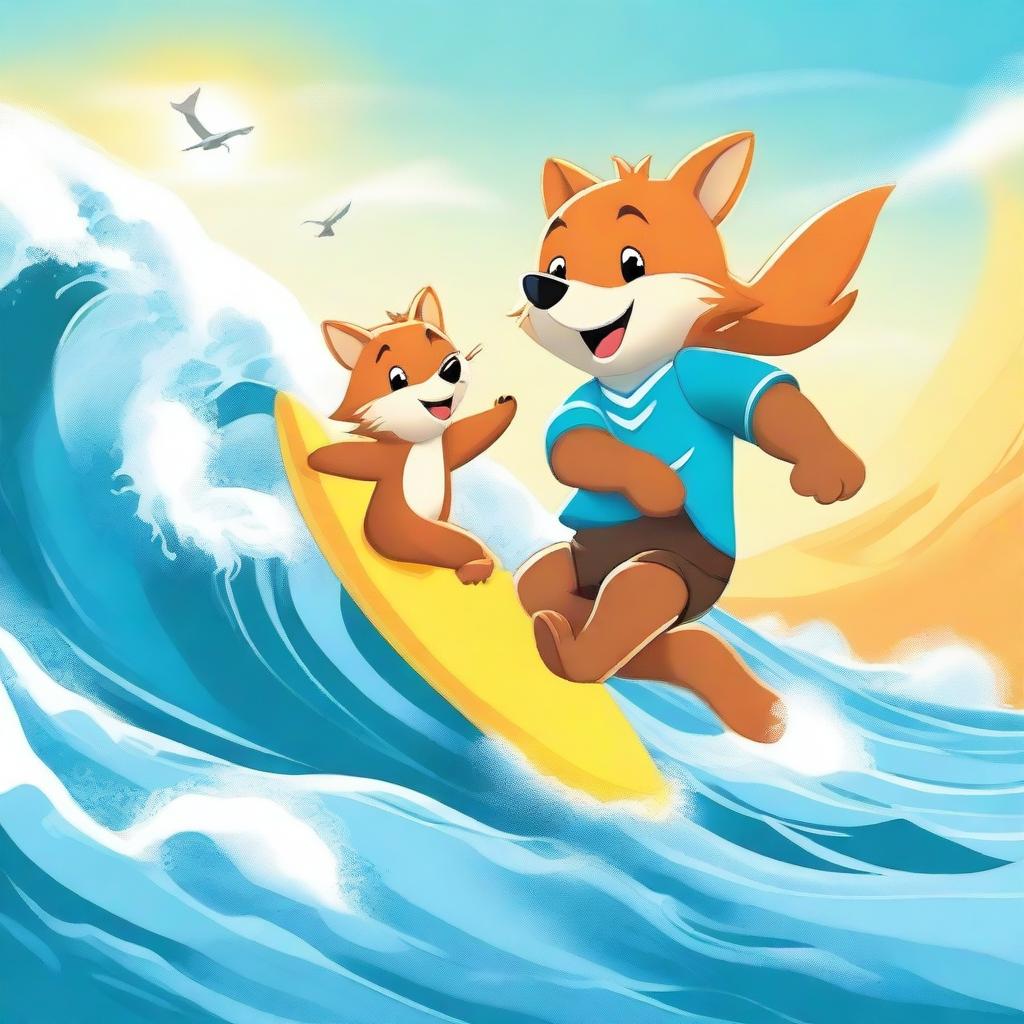 A high-quality digital art image depicts a bear and a fox engaging in a thrilling surfing adventure