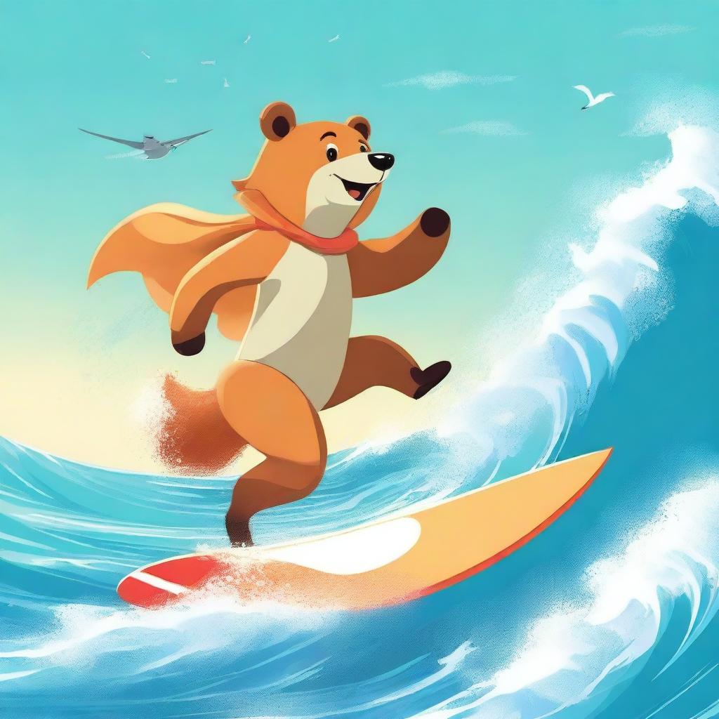 A high-quality digital art image depicts a bear and a fox engaging in a thrilling surfing adventure