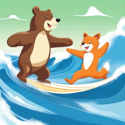 A high-quality digital art image depicts a bear and a fox engaging in a thrilling surfing adventure