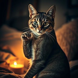 A sultry and playful cat posing alluringly, with bright and mesmerizing eyes, sleek glossy fur, and an elegant posture
