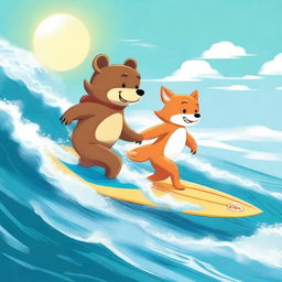 A high-quality digital art image depicts a bear and a fox engaging in a thrilling surfing adventure