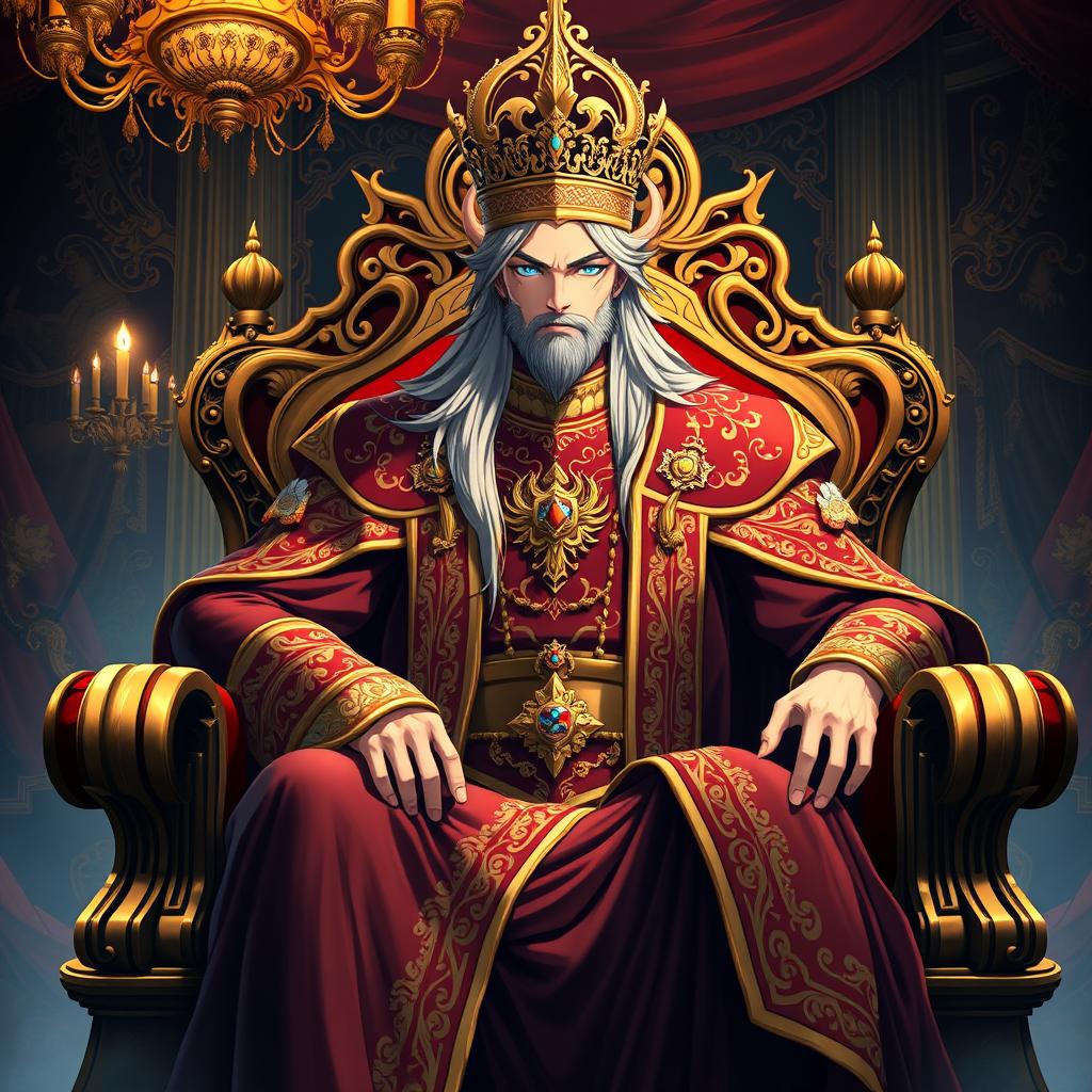 An anime-inspired king sitting majestically on a richly decorated throne, adorned in an intricate royal robe embellished with gold and jewels