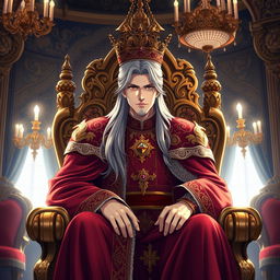An anime-inspired king sitting majestically on a richly decorated throne, adorned in an intricate royal robe embellished with gold and jewels