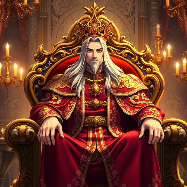 An anime-inspired king sitting majestically on a richly decorated throne, adorned in an intricate royal robe embellished with gold and jewels