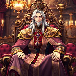 An anime-inspired king sitting majestically on a richly decorated throne, adorned in an intricate royal robe embellished with gold and jewels