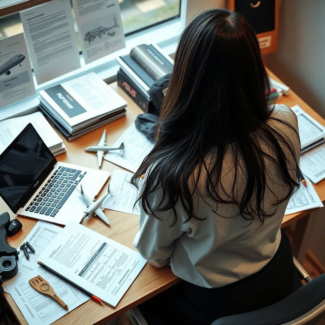 A female engineering student specializing in electrical engineering and aviation, depicted from the back, sitting at a university desk engaged in research