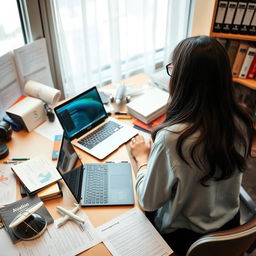 A female engineering student specializing in electrical engineering and aviation, depicted from the back, sitting at a university desk engaged in research