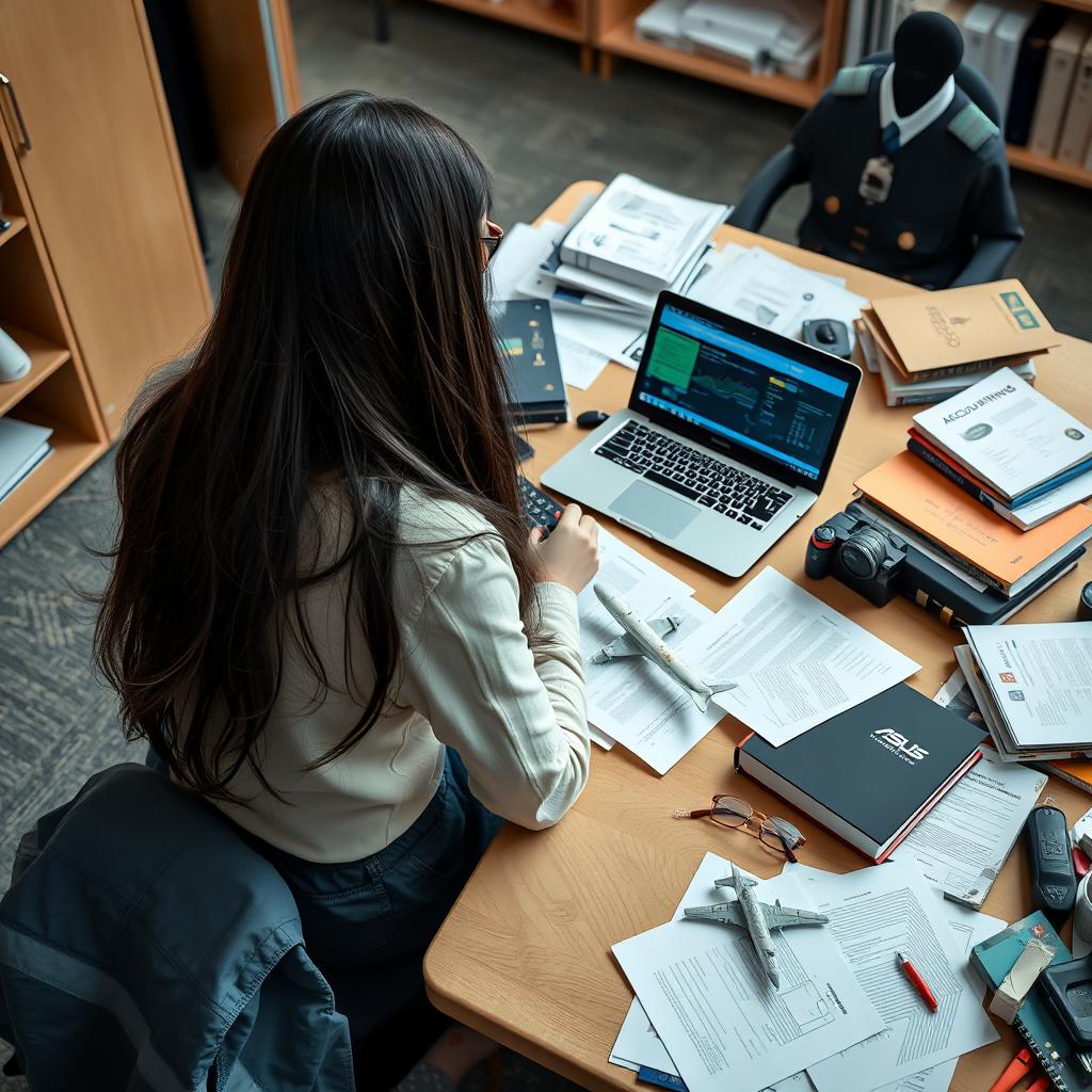 A female engineering student specializing in electrical engineering and aviation, depicted from the back, sitting at a university desk engaged in research