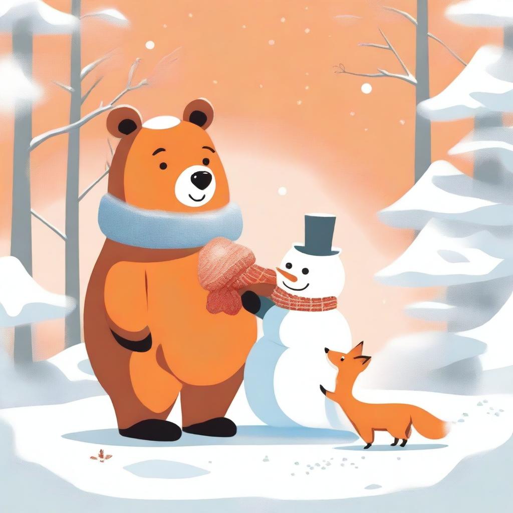 This is a charming digital art image of a bear and a fox engaged in building a snowman