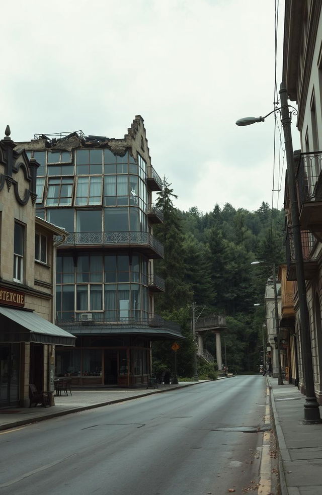 A melancholic street scene set in 1952, featuring a hotel with large glass windows, partially destroyed structure, and intricate architectural details