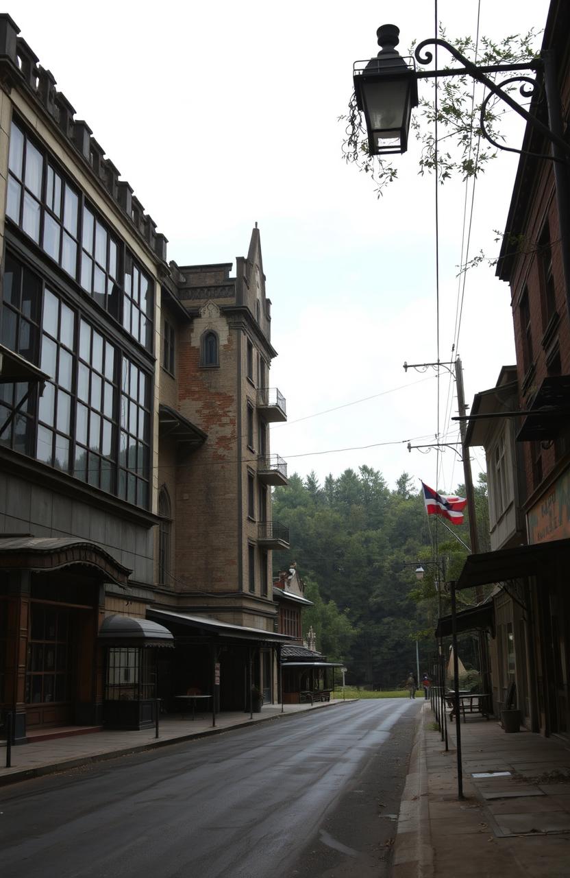 A melancholic street scene set in 1952, featuring a hotel with large glass windows, partially destroyed structure, and intricate architectural details