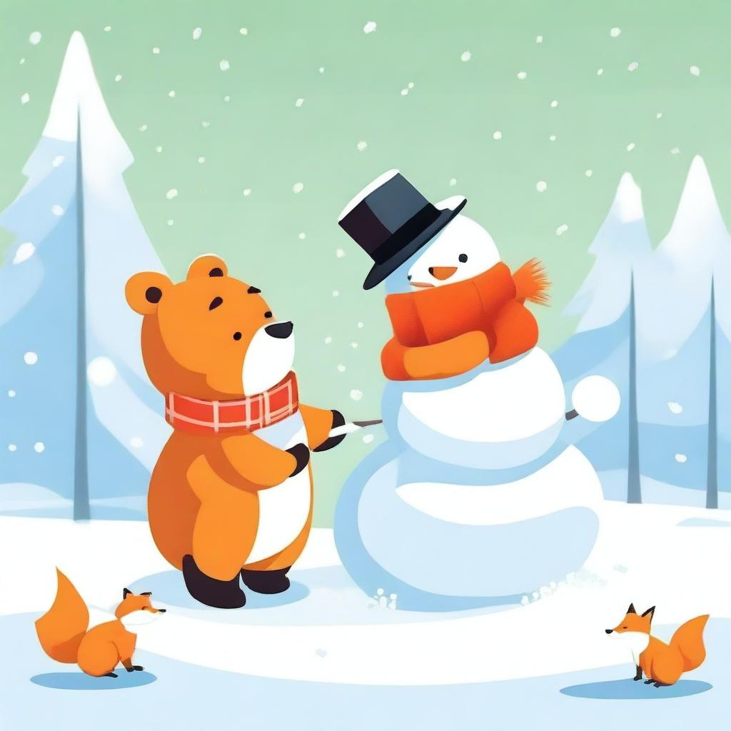 This is a charming digital art image of a bear and a fox engaged in building a snowman