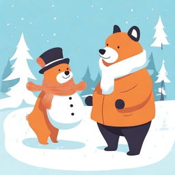 This is a charming digital art image of a bear and a fox engaged in building a snowman