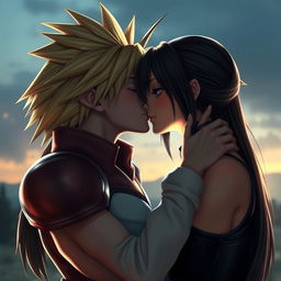 A hyper-realistic depiction of two iconic video game characters, Cloud Strife and Tifa Lockhart, passionately kissing