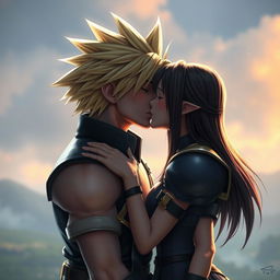 A hyper-realistic depiction of two iconic video game characters, Cloud Strife and Tifa Lockhart, passionately kissing