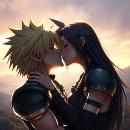 A hyper-realistic depiction of two iconic video game characters, Cloud Strife and Tifa Lockhart, passionately kissing