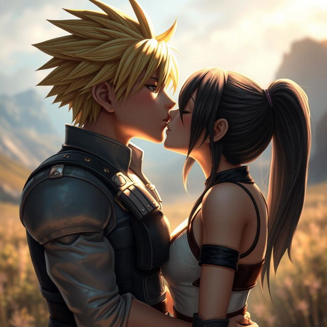 A hyper-realistic depiction of two iconic video game characters, Cloud Strife and Tifa Lockhart, passionately kissing