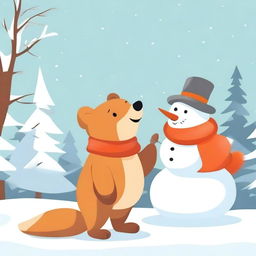 This is a charming digital art image of a bear and a fox engaged in building a snowman