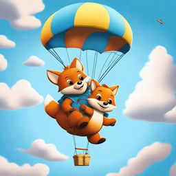 A high-quality digital art image portrays a fox and a bear in a thrilling parachute adventure