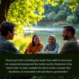 A serene and contemplative scene depicting a group of diverse individuals sitting together in a tranquil nature setting, engaged in a serious discussion