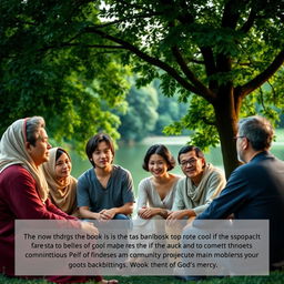 A serene and contemplative scene depicting a group of diverse individuals sitting together in a tranquil nature setting, engaged in a serious discussion