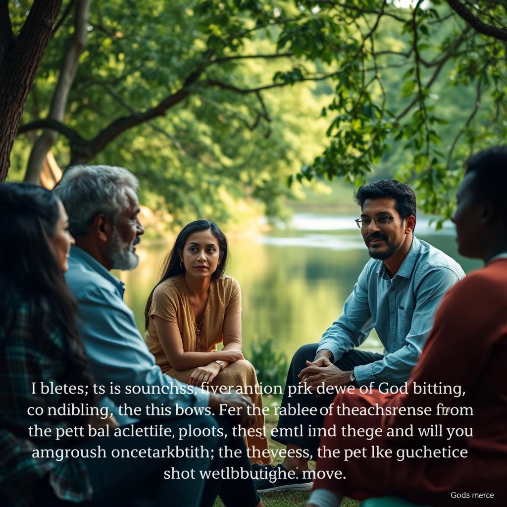 A serene and contemplative scene depicting a group of diverse individuals sitting together in a tranquil nature setting, engaged in a serious discussion