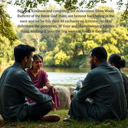 A serene and contemplative scene depicting a group of diverse individuals sitting together in a tranquil nature setting, engaged in a serious discussion