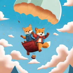 A high-quality digital art image portrays a fox and a bear in a thrilling parachute adventure