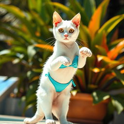 A human-sized sexy white cat, confidently posing in a stylish bikini and trendy blue shoes