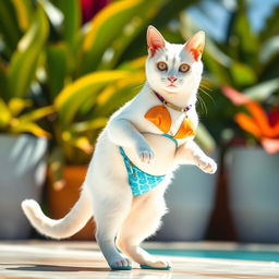 A human-sized sexy white cat, confidently posing in a stylish bikini and trendy blue shoes
