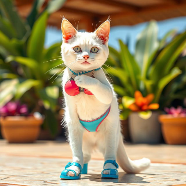 A human-sized sexy white cat, confidently posing in a stylish bikini and trendy blue shoes