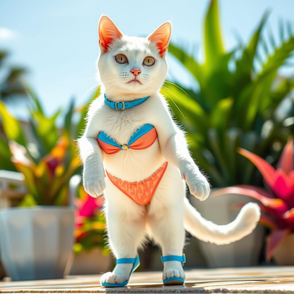 A human-sized sexy white cat, confidently posing in a stylish bikini and trendy blue shoes