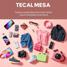 A stylish promotional image showcasing a variety of trendy products suited for social media advertising, including sleek tech gadgets, fashionable clothing, and vibrant accessories