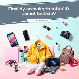 A stylish promotional image showcasing a variety of trendy products suited for social media advertising, including sleek tech gadgets, fashionable clothing, and vibrant accessories