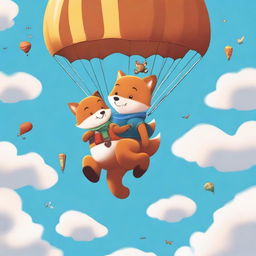 A high-quality digital art image portrays a fox and a bear in a thrilling parachute adventure