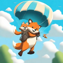 A high-quality digital art image portrays a fox and a bear in a thrilling parachute adventure