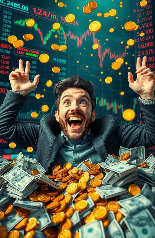 A lucky man who suddenly becomes rich, depicted as an excited individual surrounded by piles of money and sparkling gold coins, showcasing expressions of joy and disbelief