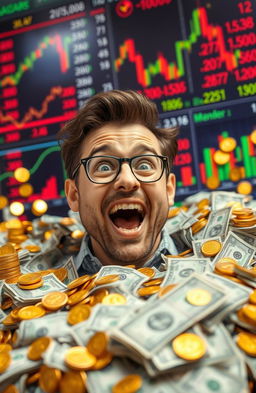 A lucky man who suddenly becomes rich, depicted as an excited individual surrounded by piles of money and sparkling gold coins, showcasing expressions of joy and disbelief