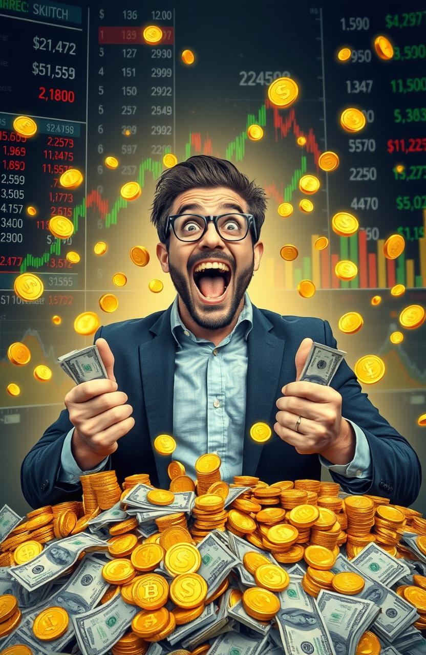 A lucky man who suddenly becomes rich, depicted as an excited individual surrounded by piles of money and sparkling gold coins, showcasing expressions of joy and disbelief