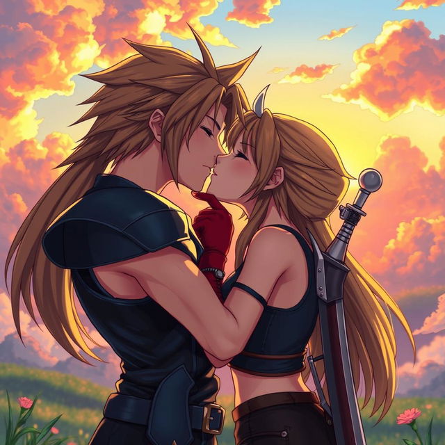 A captivating scene depicting Cloud Strife and Tifa Lockhart from Final Fantasy VII in a romantic kiss