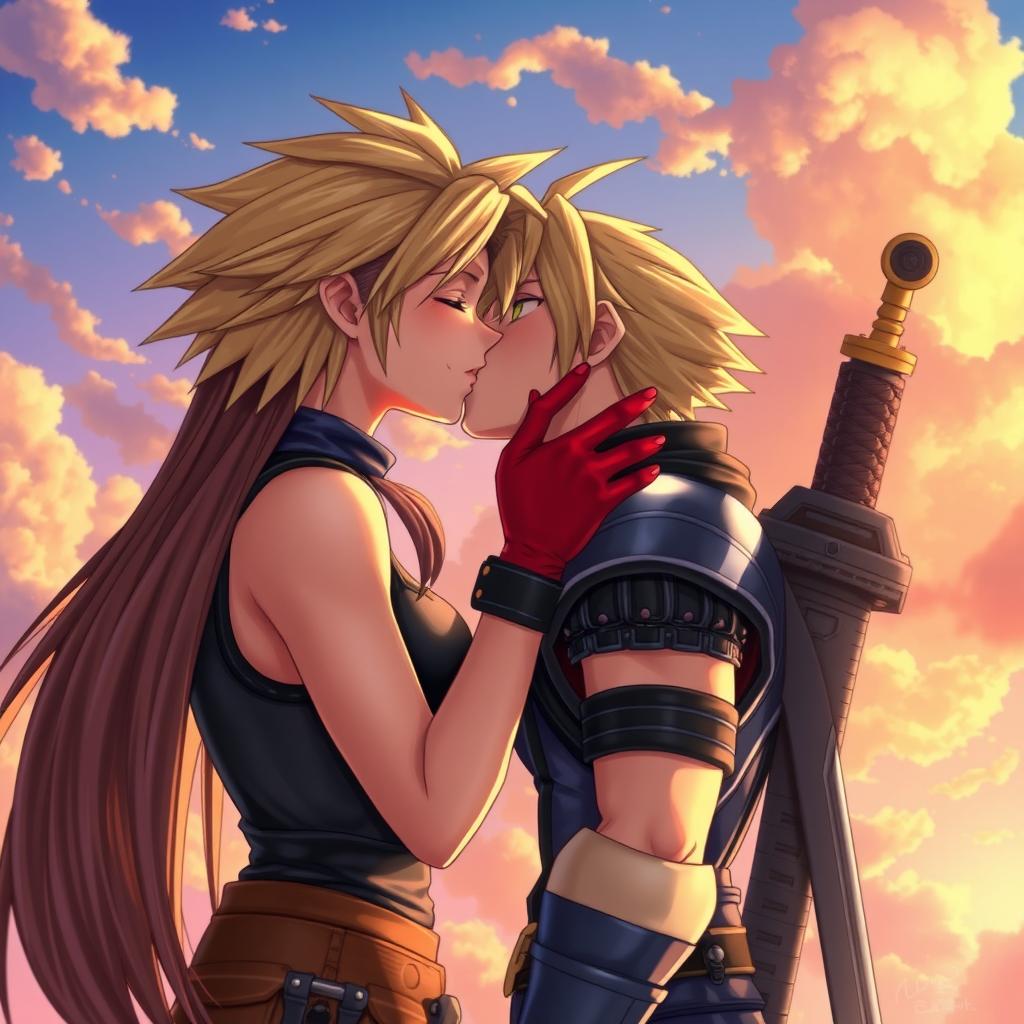 A captivating scene depicting Cloud Strife and Tifa Lockhart from Final Fantasy VII in a romantic kiss